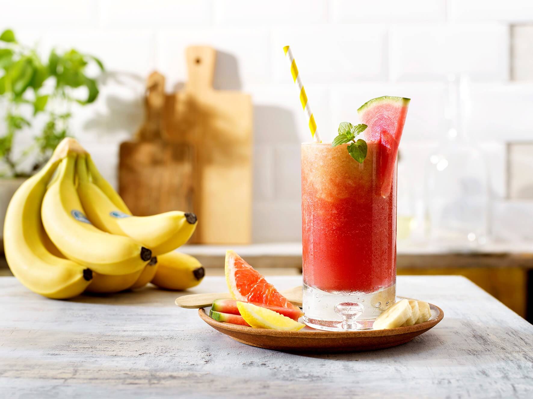 Pink Sunrise mocktail with Chiquita bananas and watermelon
